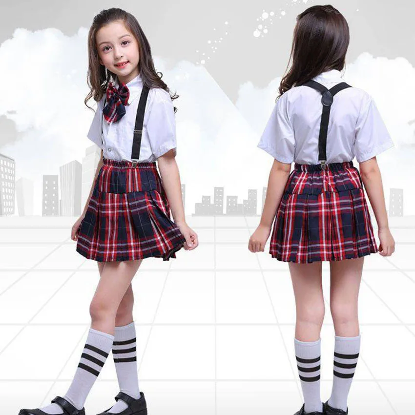 2022 schooluniformen voor kinderen kinderen kleding sets tops + rok + riem tiener meisjes plaid student jongens koor kostuums 100-170cm