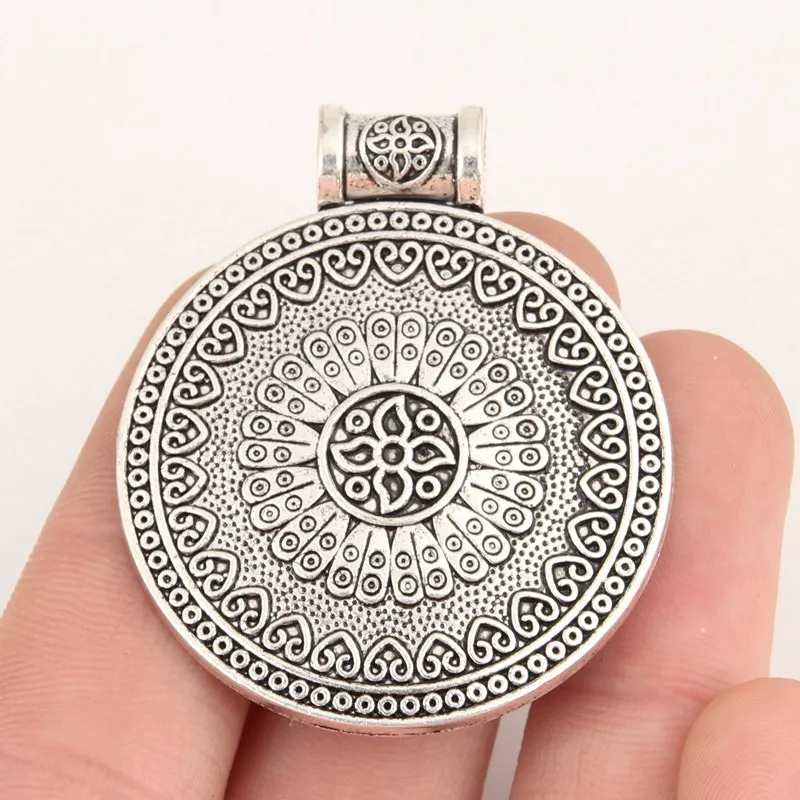 5pcs Silver Color 43x36mm Big Round Circle Charms Ethnic Style Pattern Pendant Fit DIY Jewelry Making Handcrafted Accessories