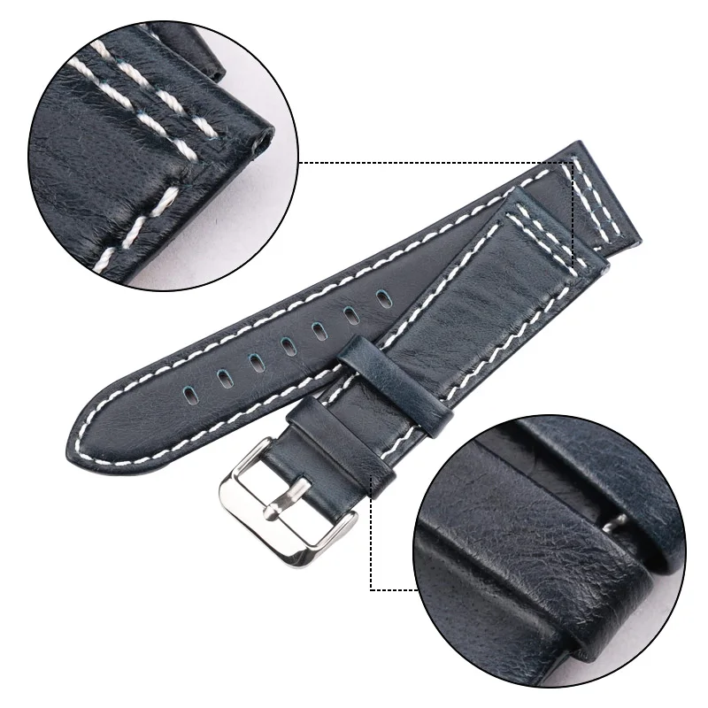 Genuine Leather Watchbands Belt 22mm 24mm Women Men Black Brown Blue Watch Band Strap With Stainless Steel Pin Buckle