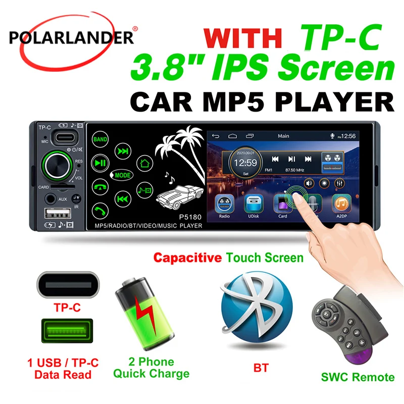 Car Radio 1 DIN Multi-Language Color Backlight MP5 3.8 Inch IPS Screen Full Touch Bluetooth FM Subwoofer Output TP-C Interface