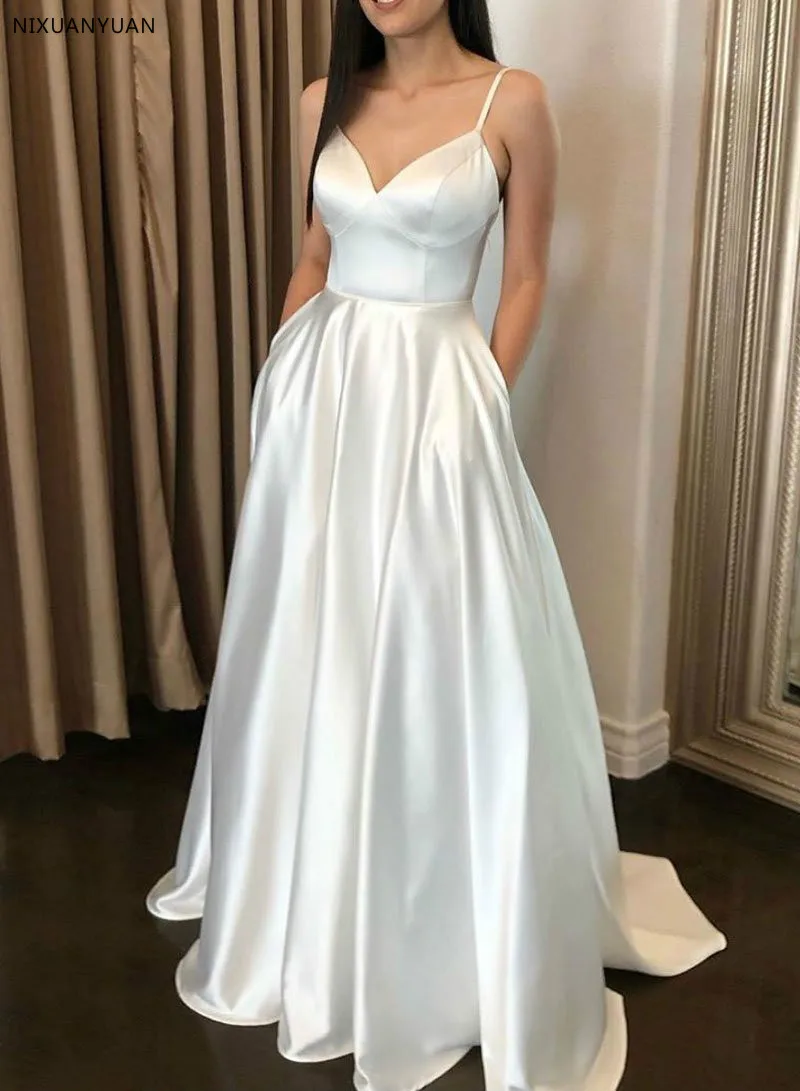 Robe de Mariee 2023 Spaghetti träger Satin Brautkleider mit Taschen einfache Brautkleider Trajes de Novia