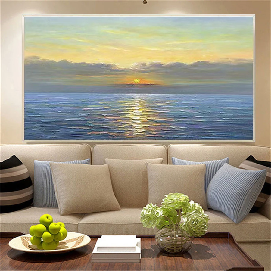 Large-Size Handmade Oil Paintings Seascape The Morning Sun Symbolizes Success And Hope Canvas