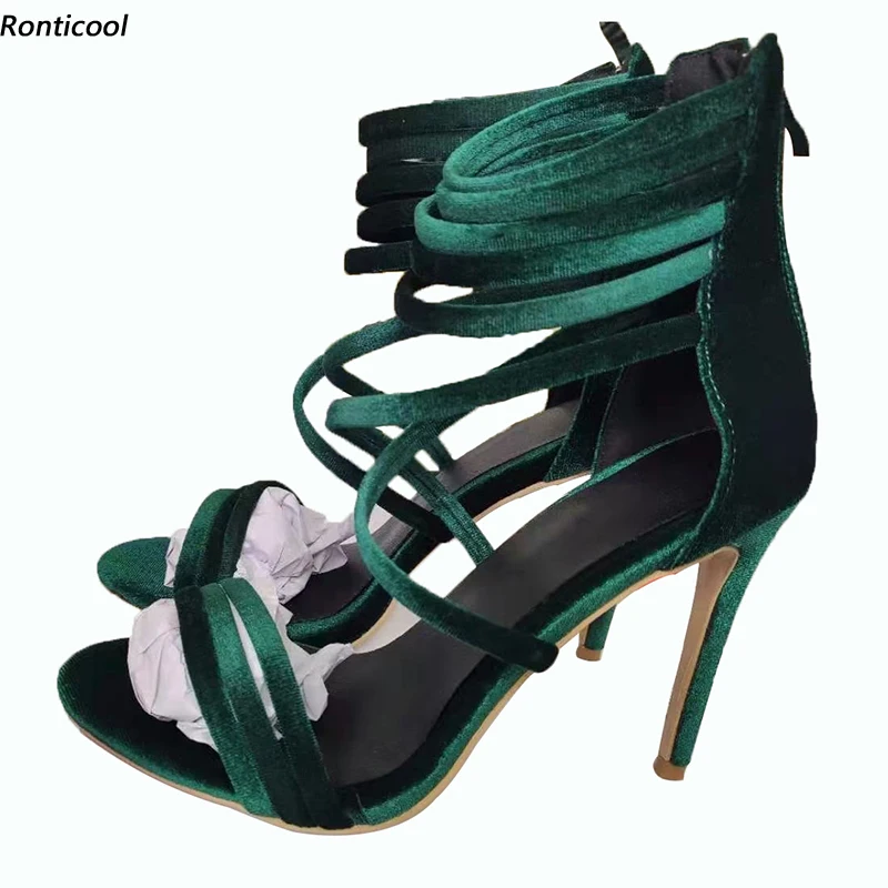 Ronticool 2021 Hot Handmade Women Summer Sandals Stiletto High Heels Open toe Fabulous Dark Green Party Shoes Women US Size 5-15