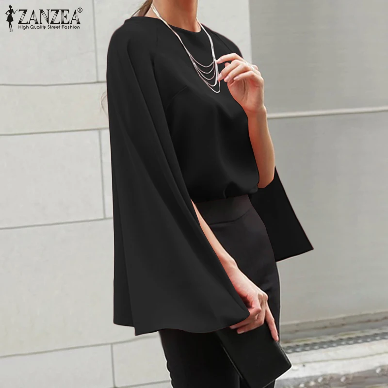 ZANZEA Elegant Autumn Women Blouse Casual O Neck Loose Cloak Cape Tops Fashion Solid Poncho Shirt Work Blusas Streetwear Chemise