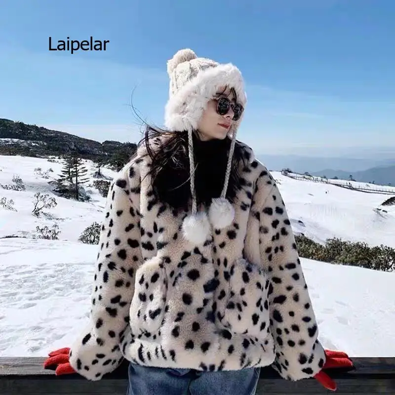 Autumn Winter Leopard Print Casual  Long Sleeve Coat Streetwear Lamb Velvet Women's Faux Fur Warm Leopard Print Fur Short Coat