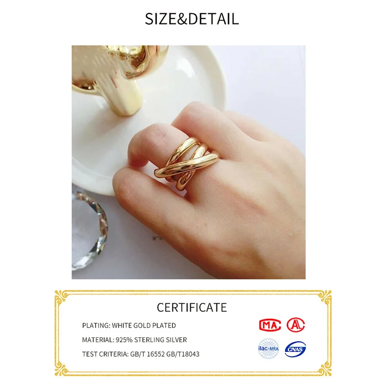 Anillo ajustable de Plata de Ley 925 auténtica para mujer, joyería fina con personalidad de color dorado entrelazado, accesorios elegantes para fiesta