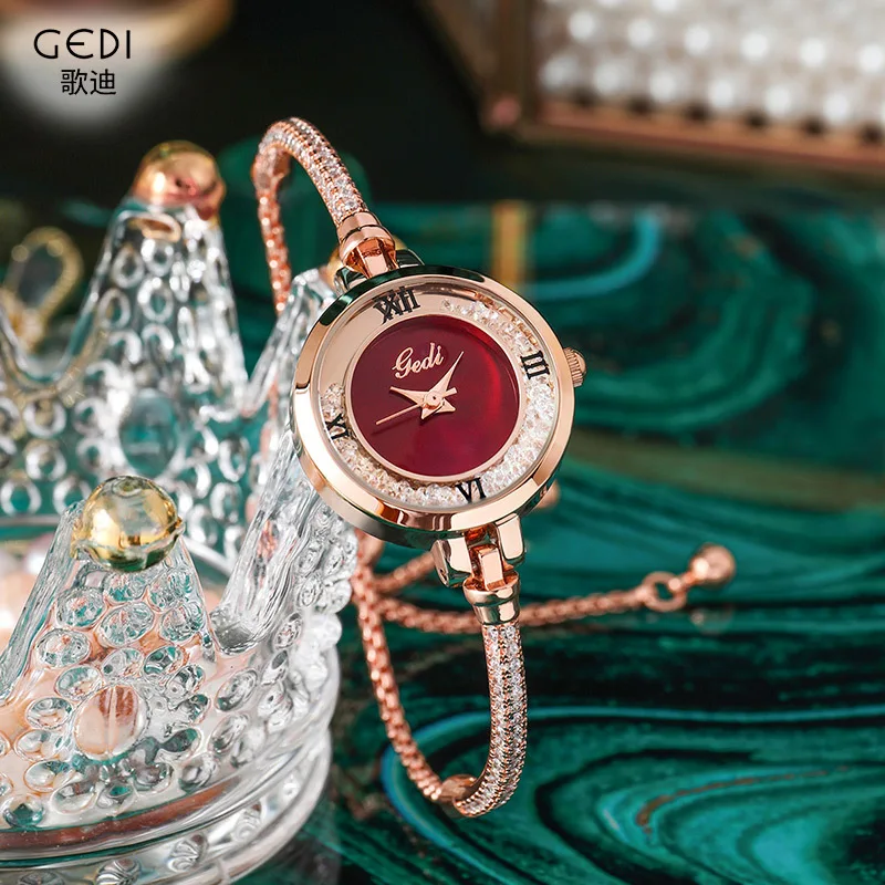 

Fresh Elegant Women Watches Slender Rose Quartz Bangle Rhinestone Dial Concentric Circle Bracelets Watch Beautiful Ladies Gifts