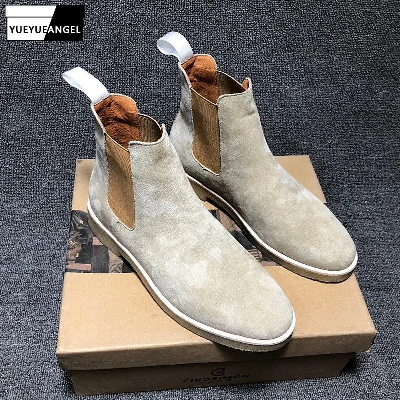 Winter Mens Genuine Lether Chelsea Boots Slip On Work Safety Shoes Cow Suede Ankle Boots Man Colors Biker Riding Boots