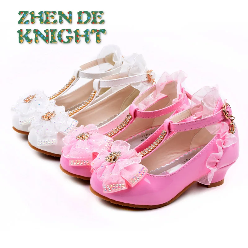 Children Party Leather Shoes Girls PU Low Heel Lace Flower Kids Shoes for Girls Single Shoes Dance Dress Shoe White Pink