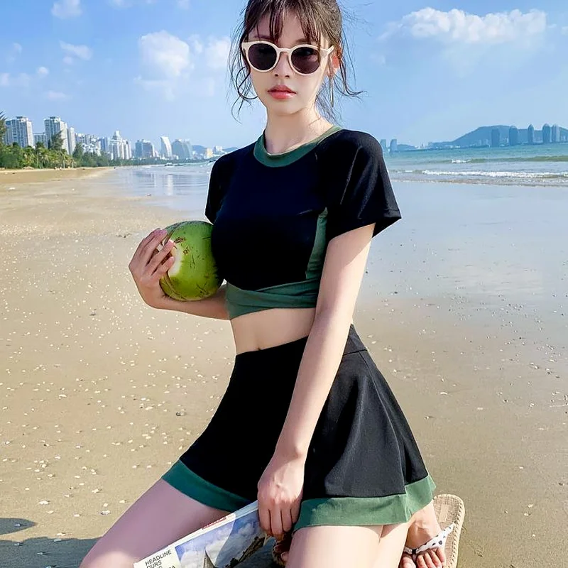 Bikini Set Women Ulzzang Chic Summer Newest 2-częściowy strój kąpielowy Studenci Strój plażowy Kostiumy kąpielowe Patchwork Wysoka talia Młody styl