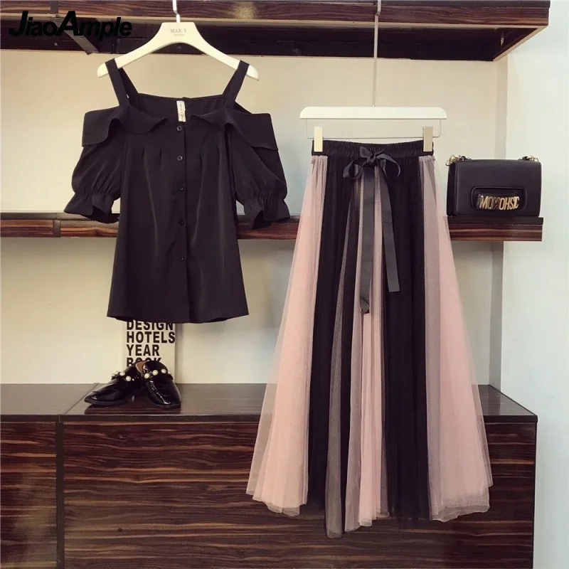 Women Summer Clothing Suit Fashion Slash Neck Black Shirt Skirts Set Korean Sweet Girls Flare Sleeve Layers Mesh Bow-Knot Dress