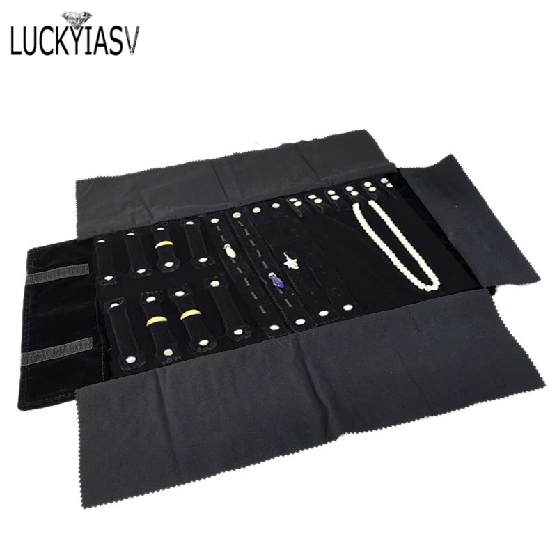 Portable Black Velvet Jewelry Display Set Rolls Travel Organizer Bag Foldable For Earrings Ring Chain Pendant Necklace Storage