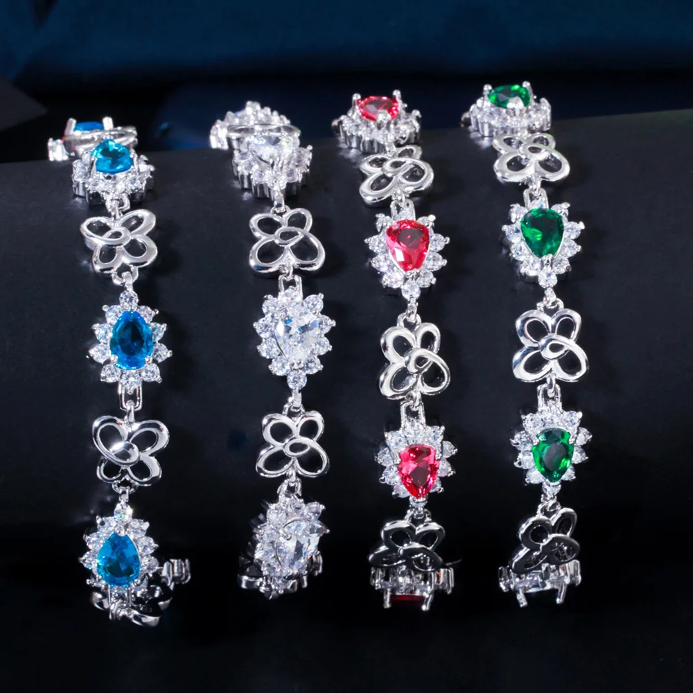 Pera Beautiful Light Blue Red CZ Crystal Flower Link Chain Bridal Adjustable Hand Bracelets for Women Silver Color Jewelry B204