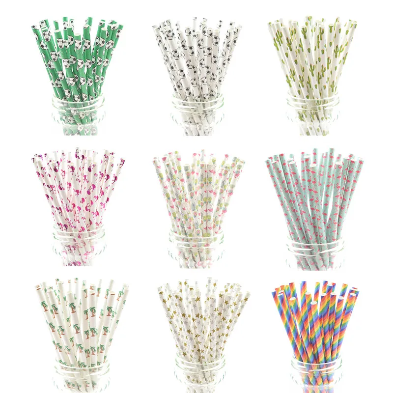 Football Rainbow 25pcs/lot Paper drinking straws Flamingo Disposable tableware Birthday Wedding Bar Decor Favor Girl's Party DIY