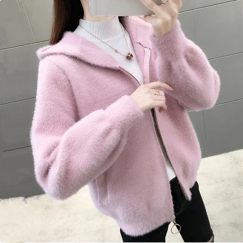 UHYTGF Imitation Mink Short Sweaters Jacket Women Hooded Casual Knit Autumn Winter Coat Cardigan Female Loose Big Size Top 1923