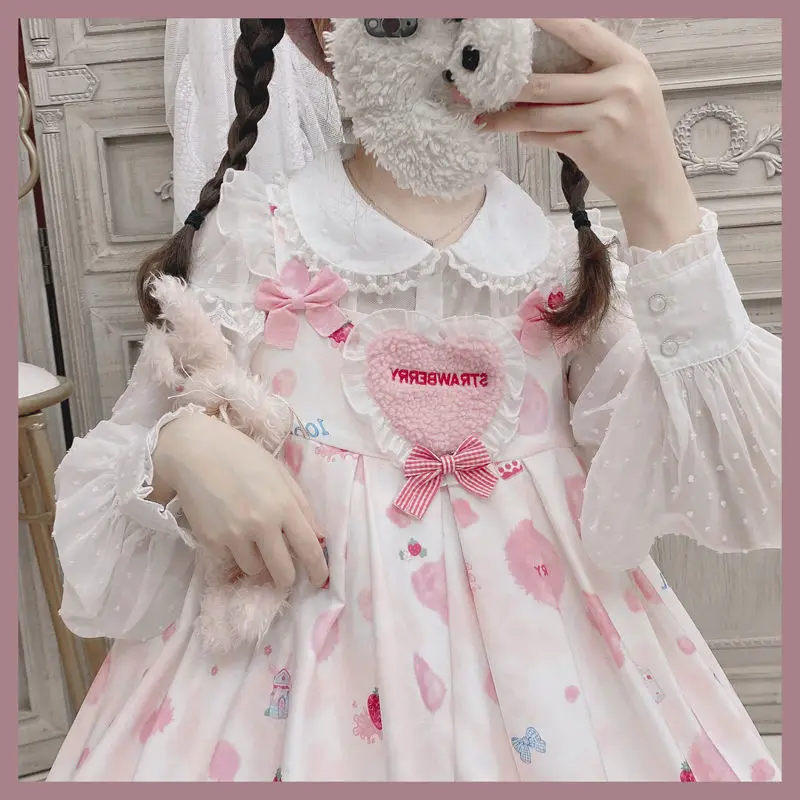 女性と女の子のためのストロベリーミルクプリントノースリーブドレス、甘いロリータjsk、かわいいドレス、プリンセス、ティーパーティードレス、夏の服