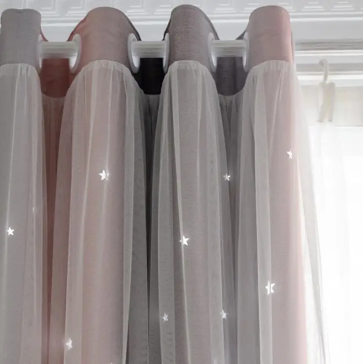 Nordic Fashion Lace Curtain Double Layer Colorful Hollow Stars for Baby Kids Room Blackout Drape Tulle Curtain Custom Made