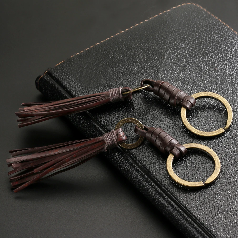 2024 Trend New Classical Hand-woven Tassel Brown Leather Simple Personality Keychain Men\'s Accessories Jewelry Women