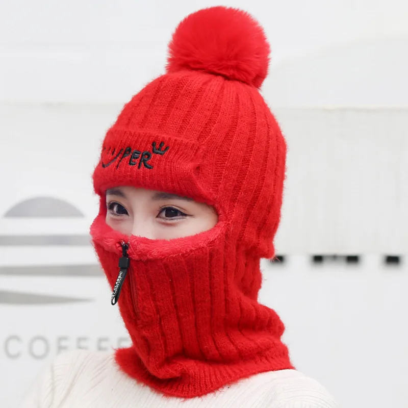 Women Winter Thick Warm Knitted Beanies Cap Hats Lady Full Face Covered Outdoor Ski Riding Cap Hat For Women