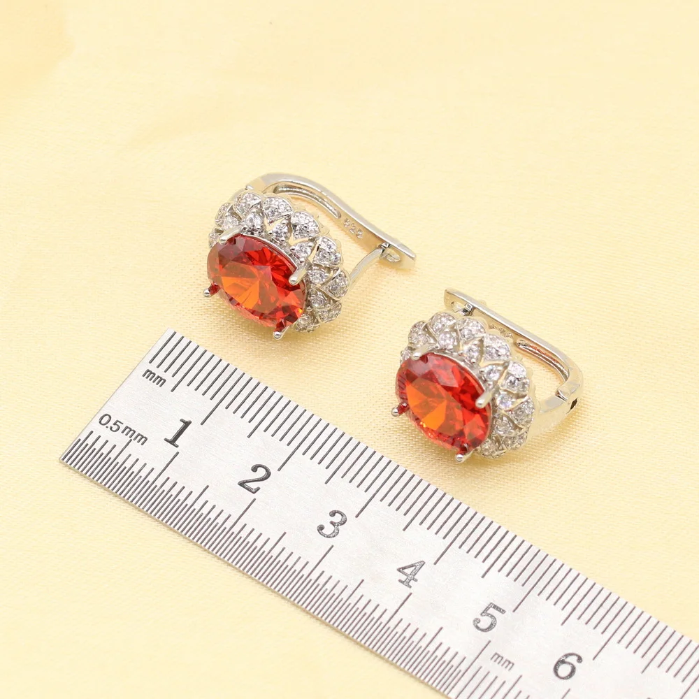 925 Sterling Silver Wedding Jewelry Sets For Women Red Stones Cubic Zirconia Bracelet Earrings Necklace Pendant Ring