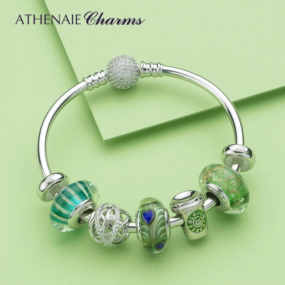 ATHENAIE 925 Sterling Silver Gold Sands Bubble Green Rainforest Italian Murano Glass Charms Beads fit DIY Bracelet Necklace