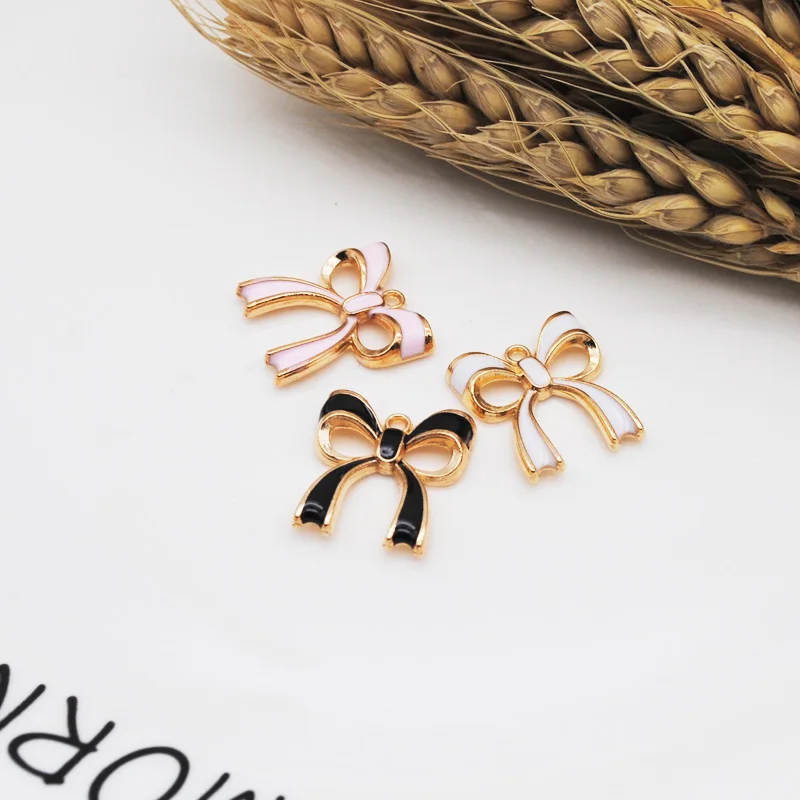 10pcs/lot Good Quality Pink/Black/White Bow Tie Alloy Pendant Charm Women\'s Fashion Bracelet DIY Jewelry Findings 18*19mm