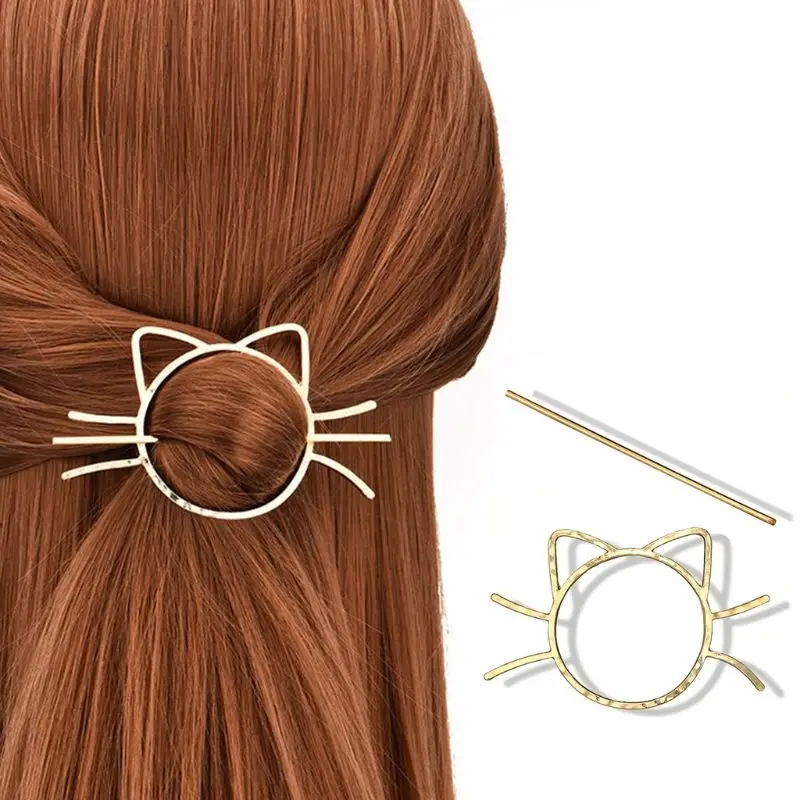 Ladies Geometric Meow Cat Pierced Hair Clip Cute Metallic Slide Comb Hairpin Shawl Pin Brooch Styling Ponytail Holder Bun Maker