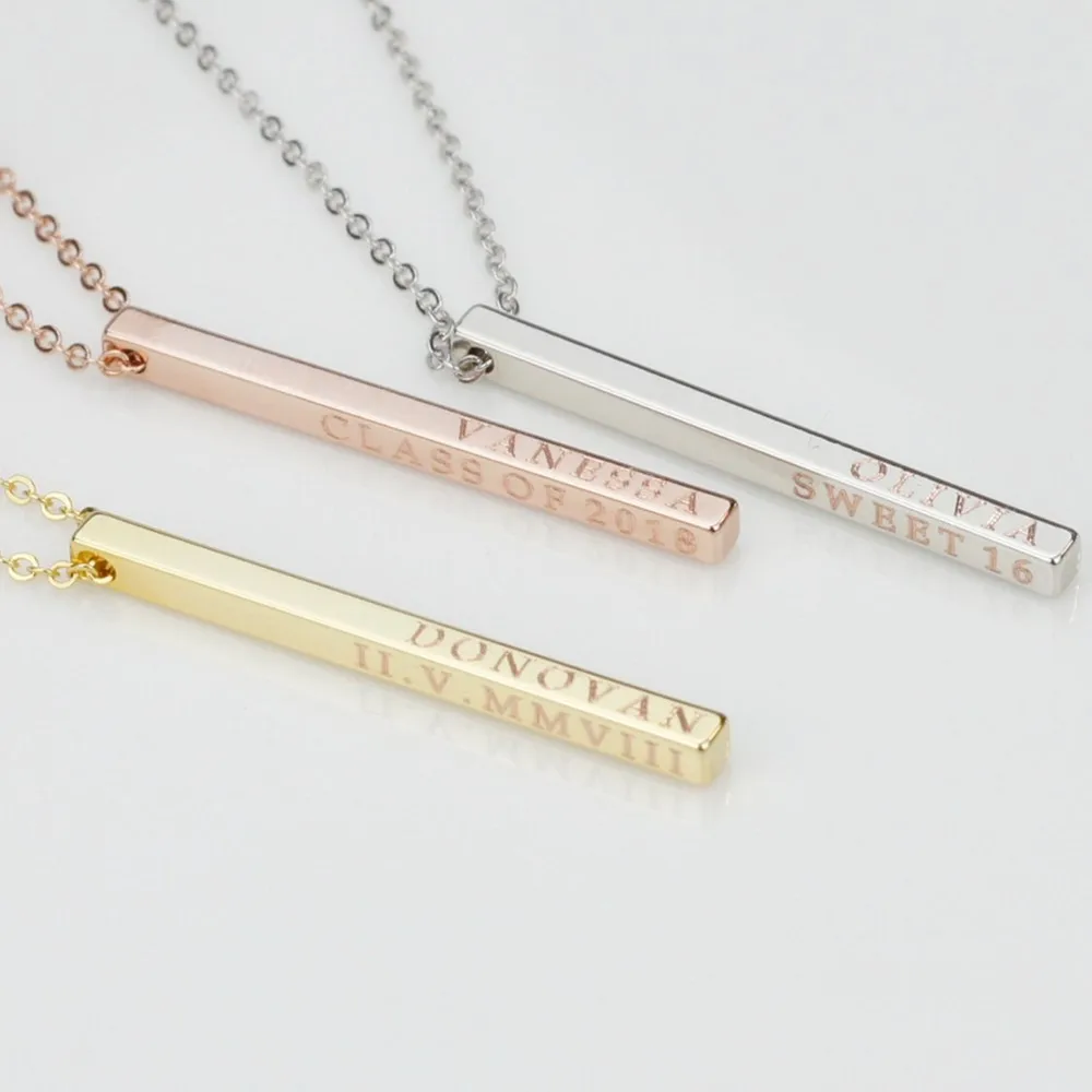 Mother’s Day Gift, Customized 3D Engraved Gold Name Necklace, 4Sided Vertical Bar Pendant, Thanksgiving Gift, Birthday Gift