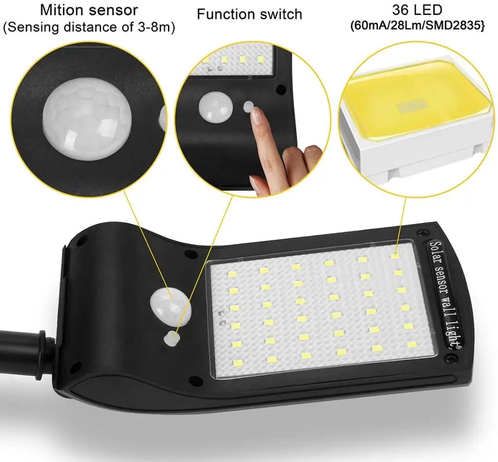 Outdoor Solar Energy Street Light 36LEDs Wall Lamp with PIR Motion Sensor Waterproof with Remote Control Swivel Bracket
