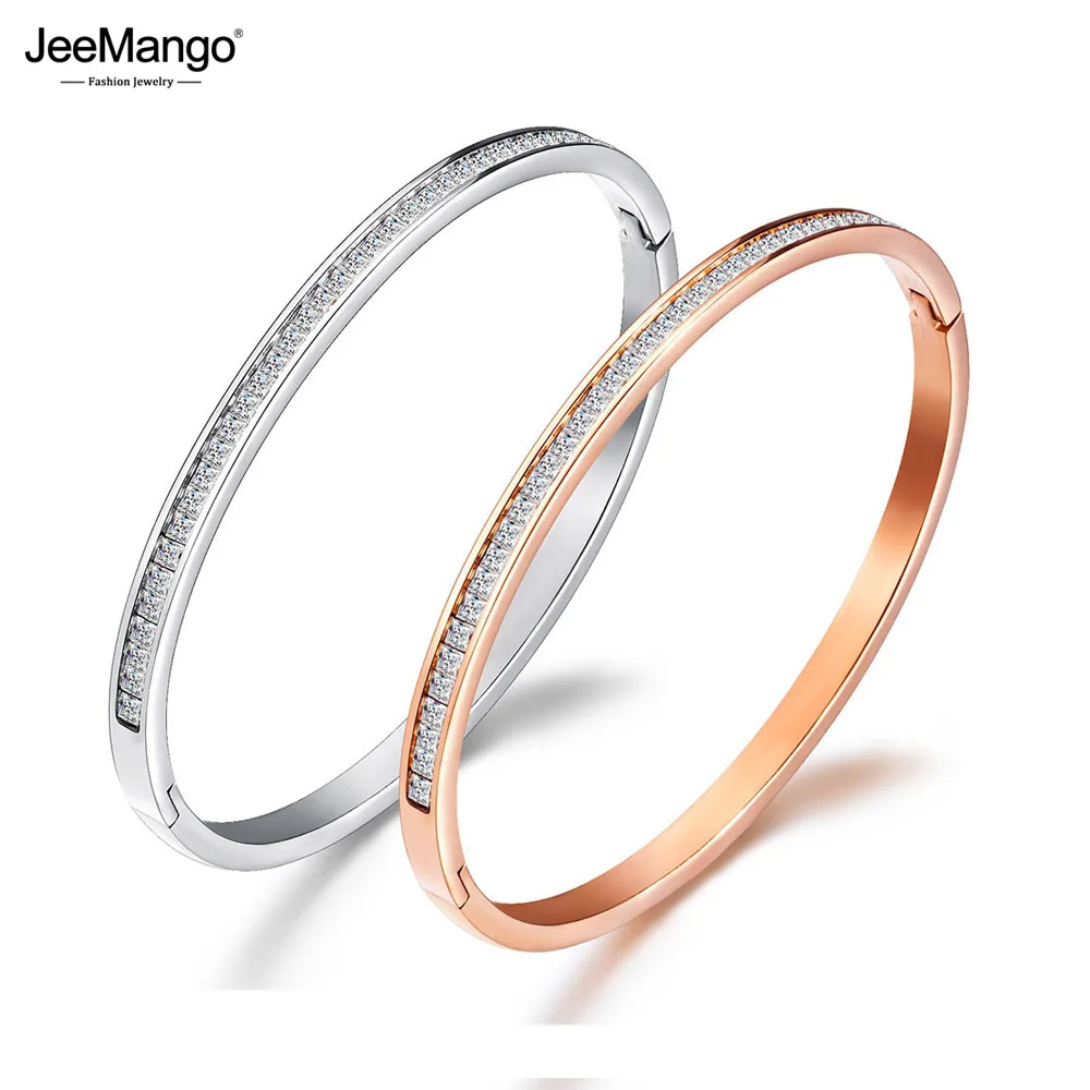 JeeMango Classic Stainless Steel Rose Gold Color Cubic Zirconia Cuff Bangle Bracelet Lovers Jewelry Valentine's Day Gift JB18047