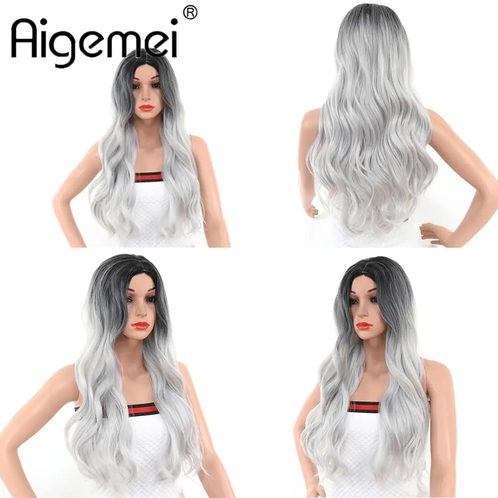 Synthetic Hair Long Body Wave Wig Middle Parting Wig Artificial Scalp Ombre Black White Wigs For African American European Women