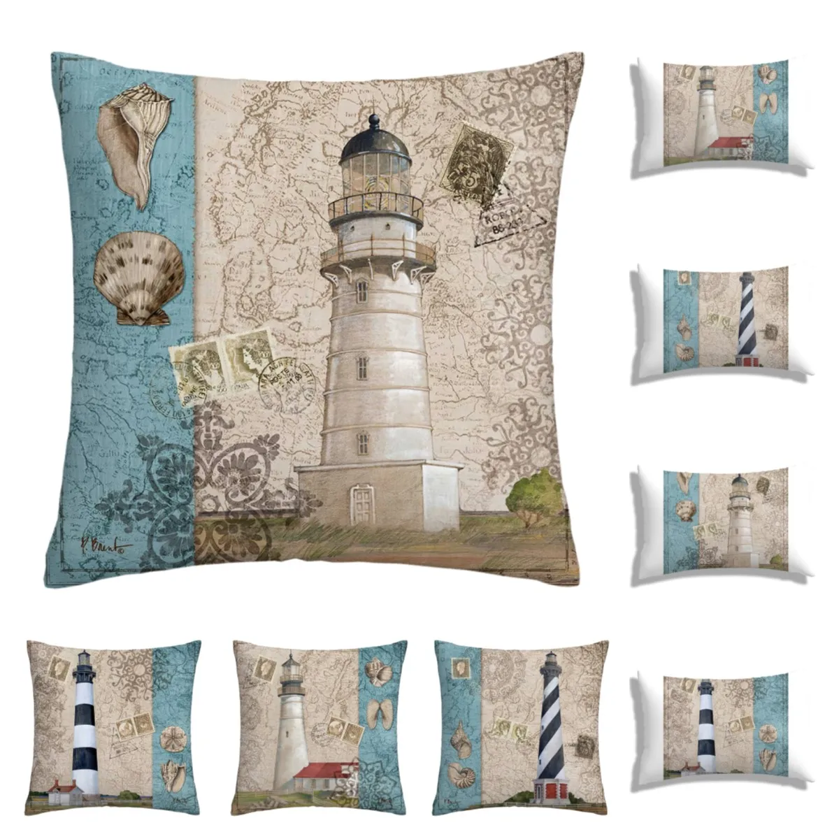 Sea lighthouse with shells Plush pillowcase, sofa cushion cover for home improvement, home decoration pillowcase 40x40 60x60