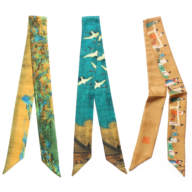 9 Styles 5*100cm Small Silk Scarfs Chinese Print Handle Bag Ribbons Brand Fashion Head Scarf Small Long Skinny Scarves Wholesale