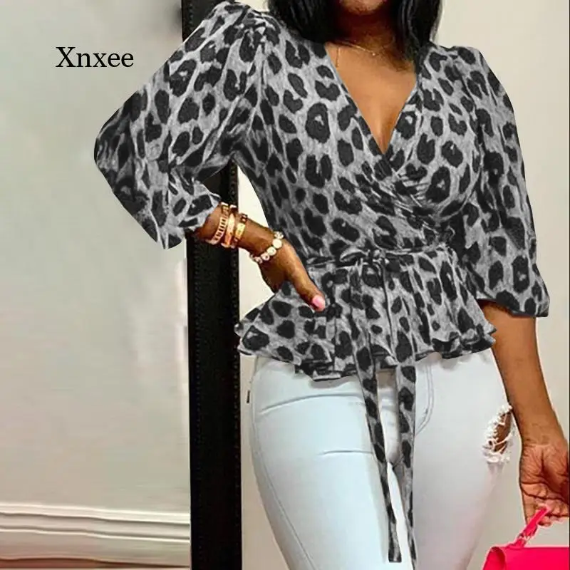 5Xl Women Leopard Print Blouses Belted  Elegant Cross V Neck Ruffles Tops Fashion Office Tunic Shirt Sexy Casual Tee