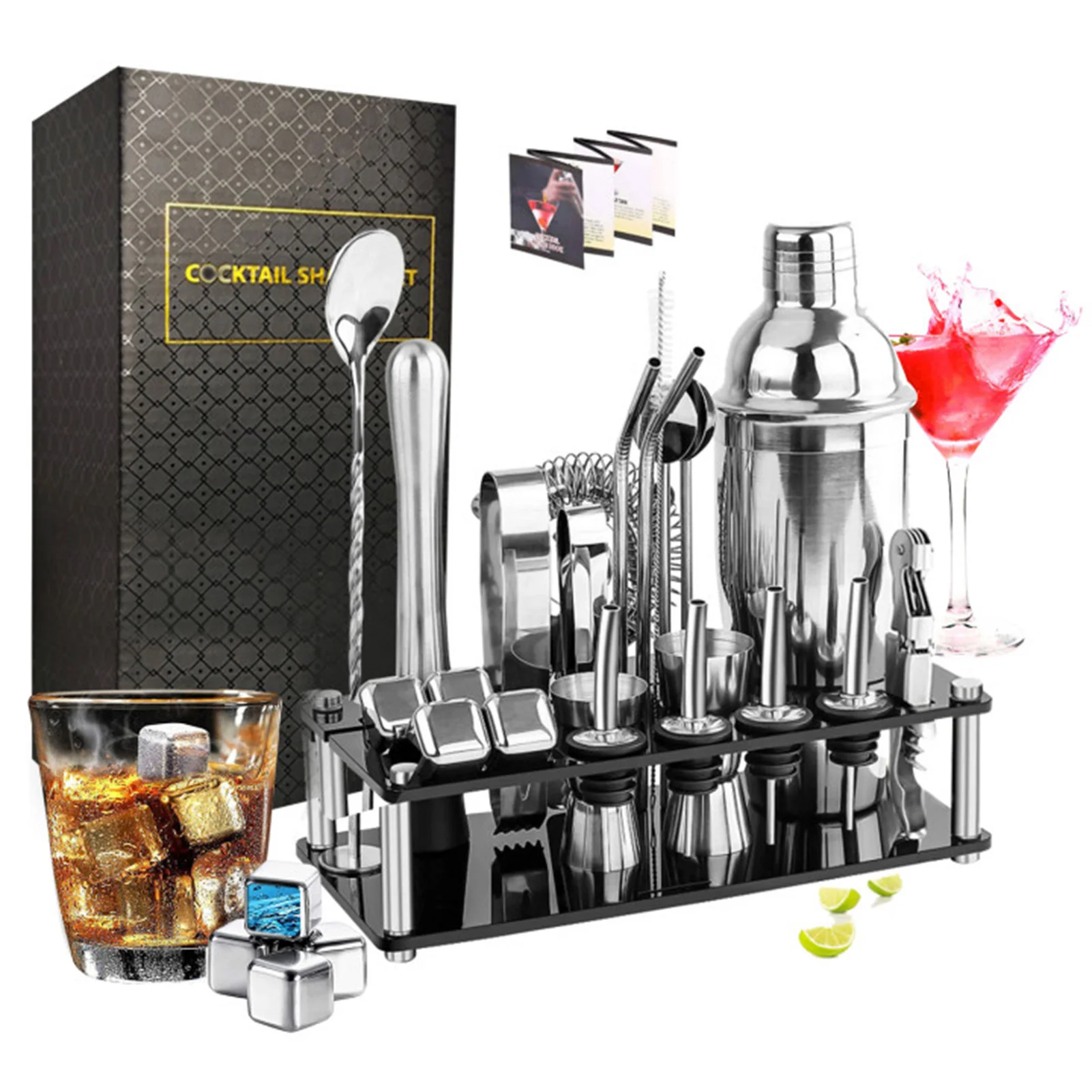 Cocktail Making Set Shaker Stainless Steel Bar Tool Bartender Kit ​with Display Stand Ice Cube Mixing Spoon Recipes Book Gift