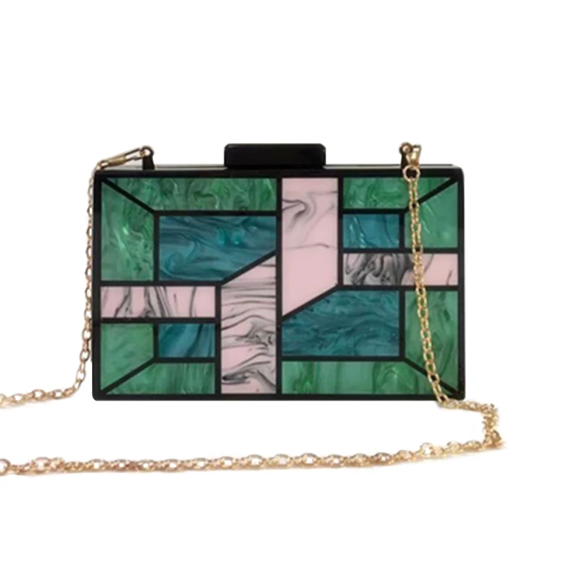 Vintage Arcylic Evening Bag Luxury Women Clutch Purse Mini Geometic Patchwork Crossbody Bags Brand Wallet Wedding Chain Handbags