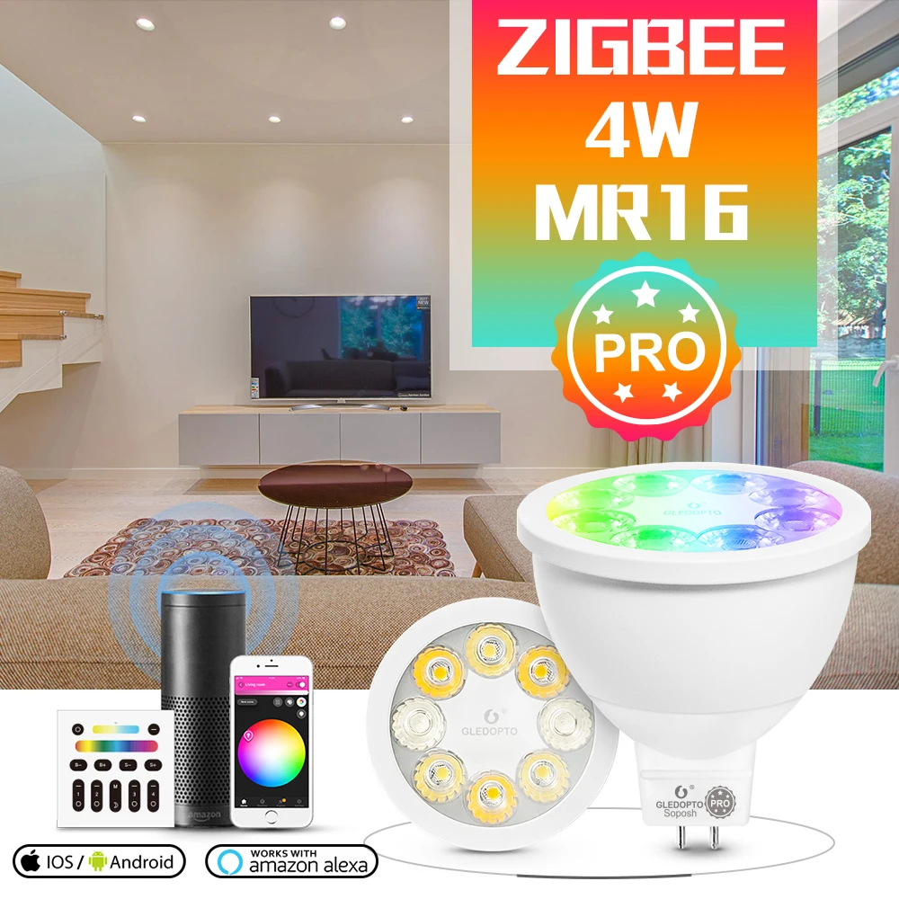 

GLEDOPTO ZigBee 3.0 RGBCCT MR16 Spotlight Pro 4W AC/DC12V Bulb 25 Degree Beam Angle Compatible With Alexa Echo Plus App Voice RF