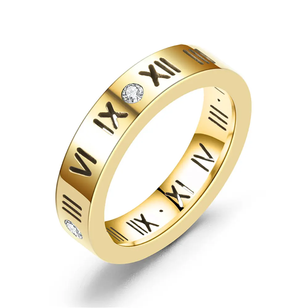 Stainless Steel CZ Roman Numeral Ring for Women Girls,Rose Gold Plated With Crystal