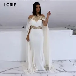 LORIE Mermaid Evening Dresses 2023 Halter Beaded White and Gold Cape Arabic Dubai Formal Long Elegant Prom Party Gowns