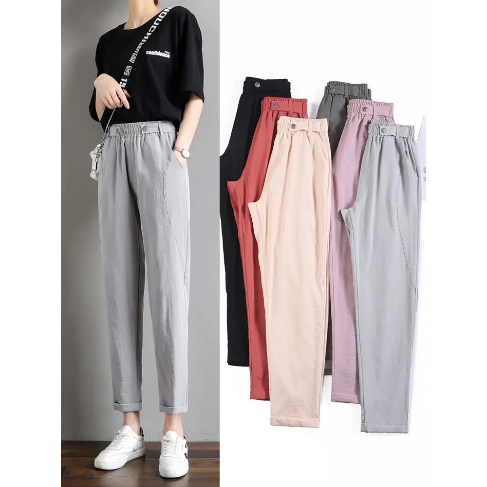 Women's Ice Silk Casual Pants Summer Thin Sport Pants Cotton Imitation Linen Ankle-Length Pants Women Casual Loose Harem Pants