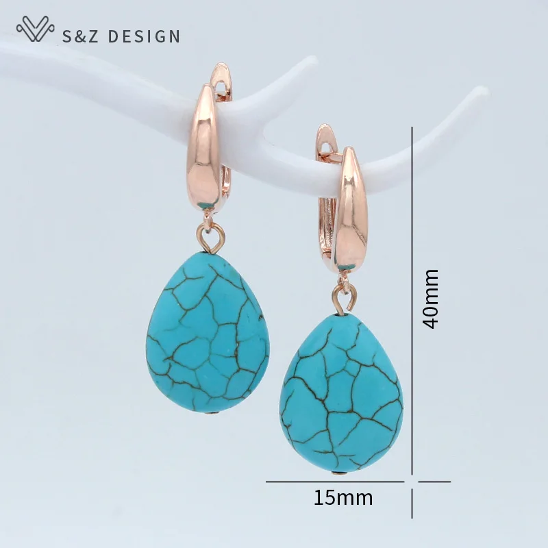 S&Z DESIGN New Rose Gold Color Water Drop Synthetic Turquoises Dangle Earrings For Women Wedding Elegant Jewelry Gift