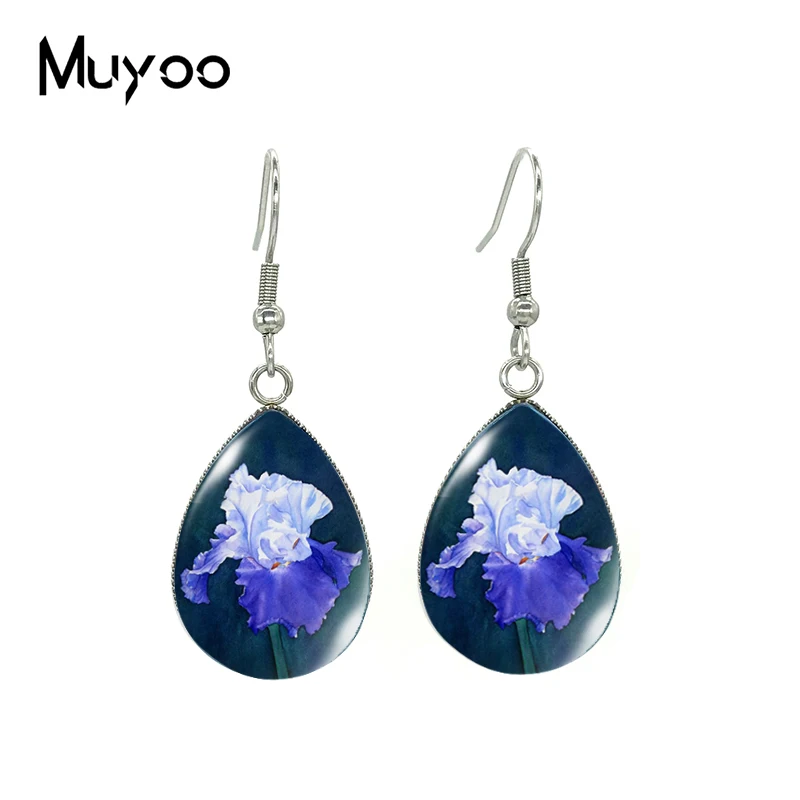 2020 New Iris painting Earring Flowers Art Tear drop Earring Glass Cabochon Picture Hook Earrings Fashion Jewelry