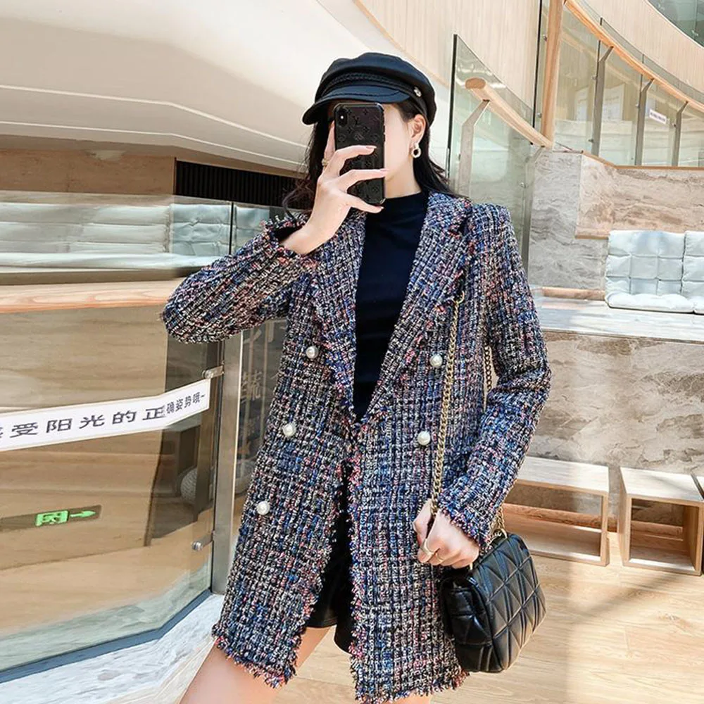 Spring Autumn New Style 2023 Small Fragrance Wind Temperament Plaid Tweed Jacket Women Mid-length All-match Woolen Fashion Coat