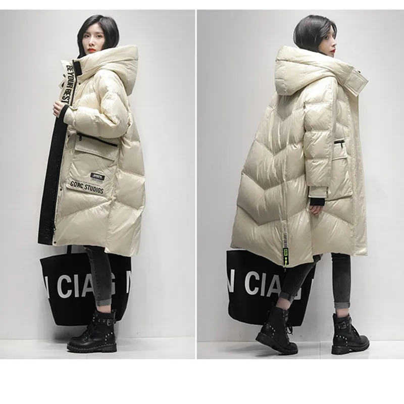 Inverno Nero Lungo 90% Piumino D'anatra Bianca Donna Streetwear 2024 di Nuovo Modo Allentato Lettera Antivento Parka Con Cappuccio Imbottiture Cappotti