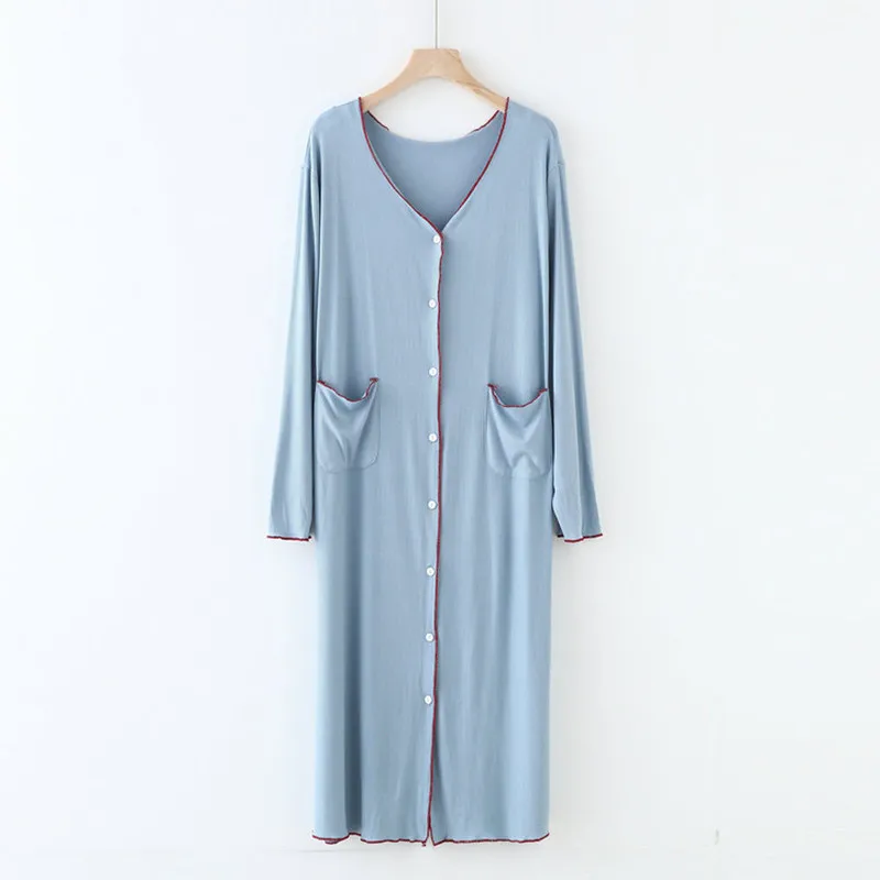 Casual Loose V Neck Sleepwear Female Night Dress Modal Cardigan Nightwear Long Sleeve Spring Autumn Women Nightgowns Pocket