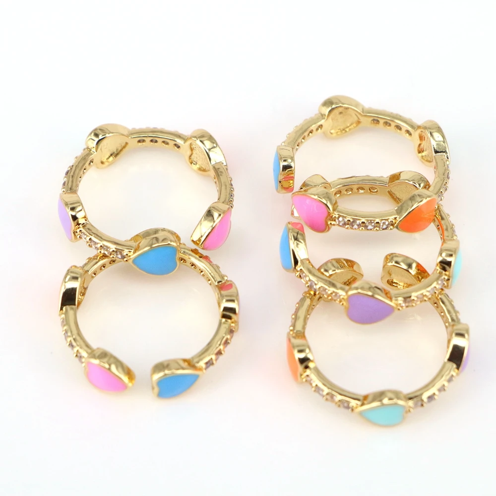 10PCS, Fashion Simple Rainbow Enamel Neon Heart Cz ZirconGold Stacking Rings for Women Ladies