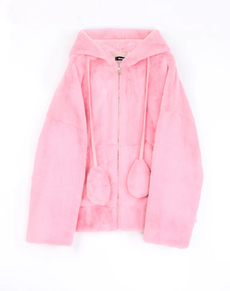 Nerazzurri Spring Fluffy Jacket with Rabbit Ears Raglan Sleeve Zipper Oversize Light Soft Harajuku Kawaii Faux Fur Hoodie 2021