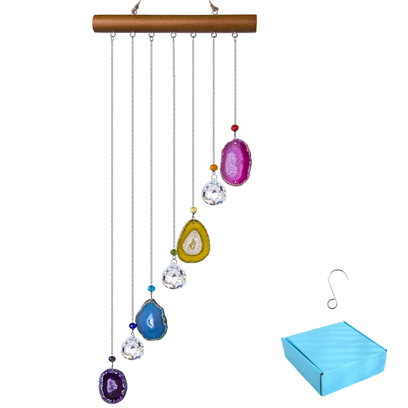 H&D Handmade Agate Wind Chime Rainbow Maker Crystal Ball Suncatcher Window Curtains Pendant Windchime for Home Garden Decoration