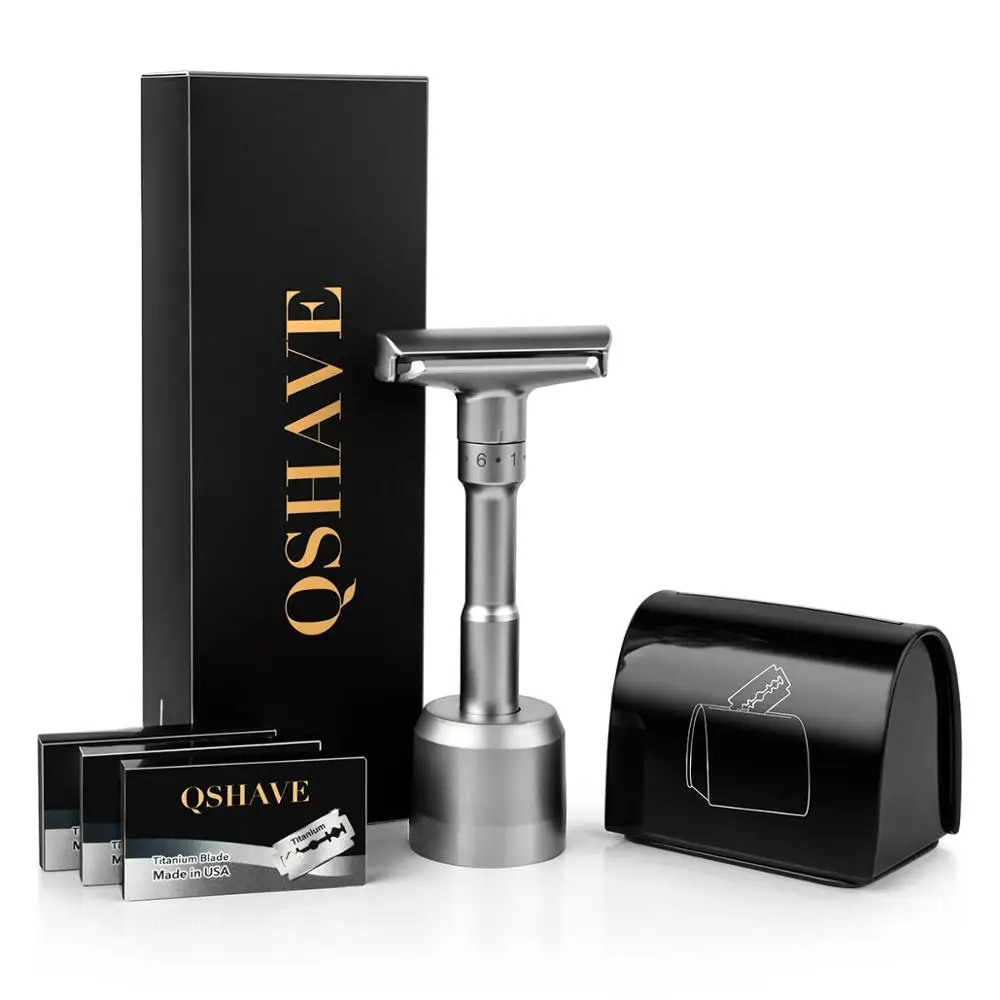 QSHAVE Adjustable Safety Razor kit  Men's Shaving kit Holder + Razor + Blade Disposal Case +15 Blades set