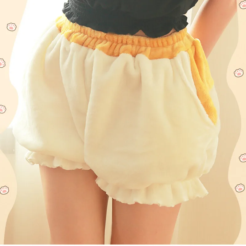 Cute Lolita Kawaii Women Sleeping Bottoms Fleece Shorts Corgi Butt Harajuku Pumpkin Bloomers Elastic Waist Girls Pajamas